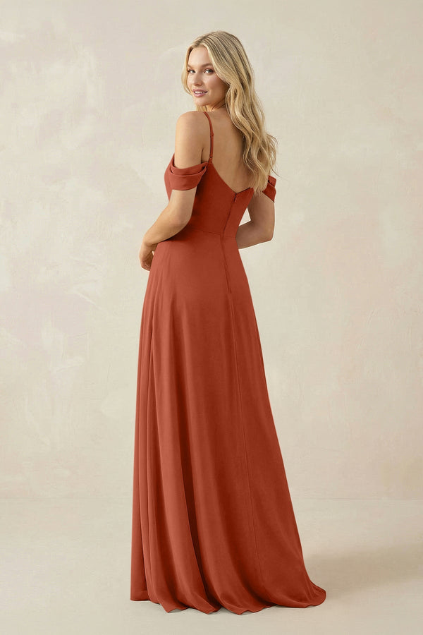 Off - the - Shoulder Chiffon A - Line Maxi Bridesmaid Dress in Spice - KISS BRIDAL Bridesmaid Dresses