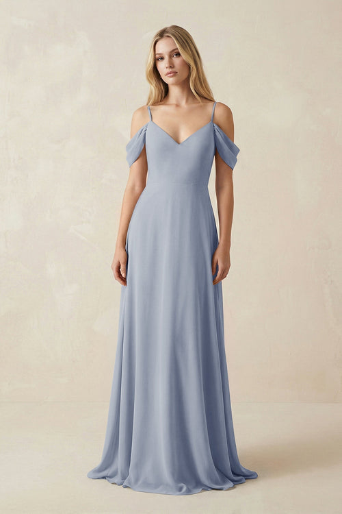 Off - the - Shoulder Chiffon A - Line Maxi Bridesmaid Dress in Twilight - KISS BRIDAL Bridesmaid Dresses