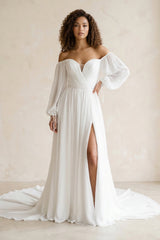 Off - the - Shoulder Chiffon A - Line Pleated Long Sleeve Wedding Dress in White - KISS BRIDAL Wedding Dresses