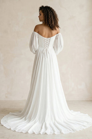 Off - the - Shoulder Chiffon A - Line Pleated Long Sleeve Wedding Dress in White - KISS BRIDAL Wedding 