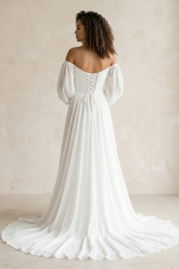 Off - the - Shoulder Chiffon A - Line Pleated Long Sleeve Wedding Dress in White - KISS BRIDAL Wedding 