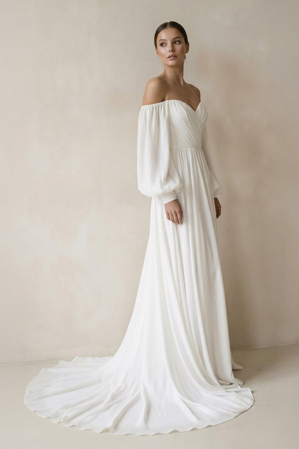 Off the Shoulder Chiffon Long - Sleeve Wedding Dresses in White - KISS BRIDAL Wedding Dresses