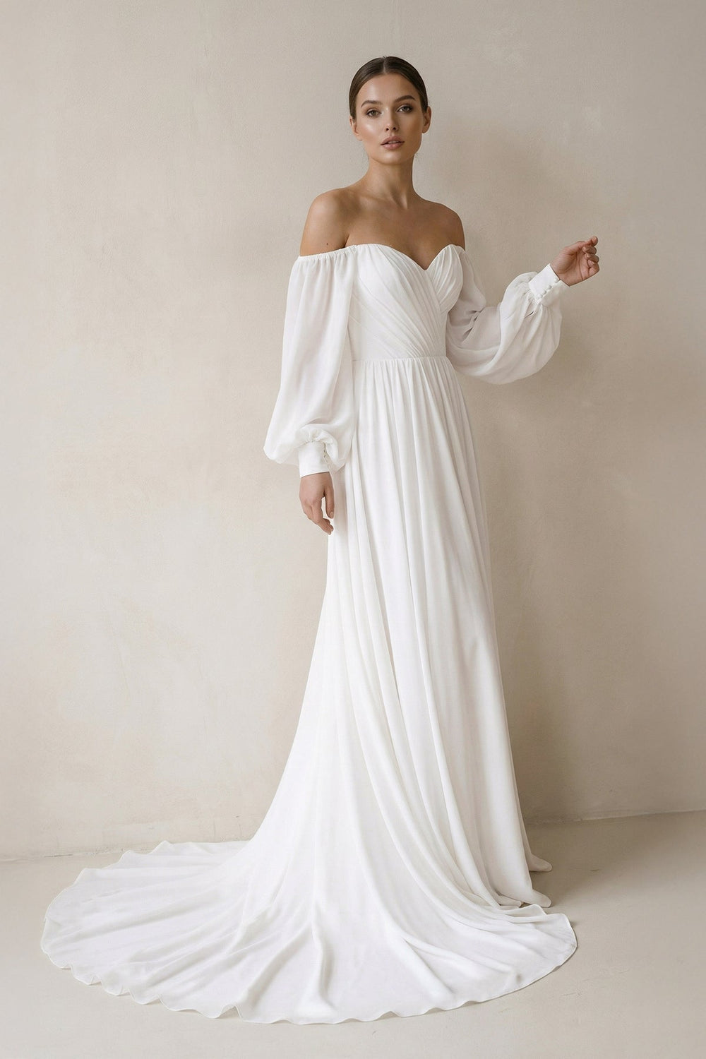 Off the Shoulder Chiffon Long-Sleeve Wedding Dress