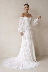 Off the Shoulder Chiffon Long - Sleeve Wedding Dresses in White - KISS BRIDAL Wedding Dresses