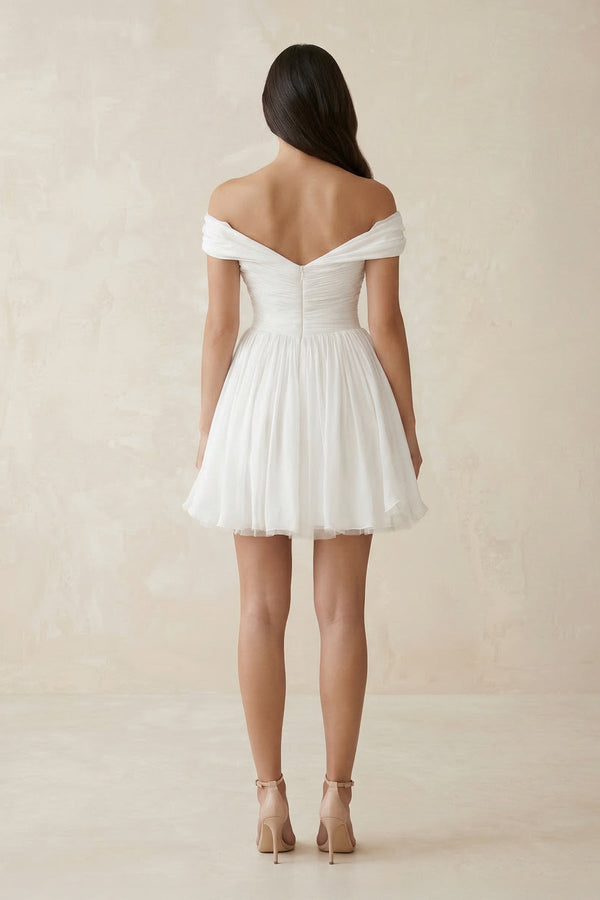 Off - the - Shoulder Chiffon Pleated A - Line Wedding Dress in Ivory - KISS BRIDAL Wedding Dresses