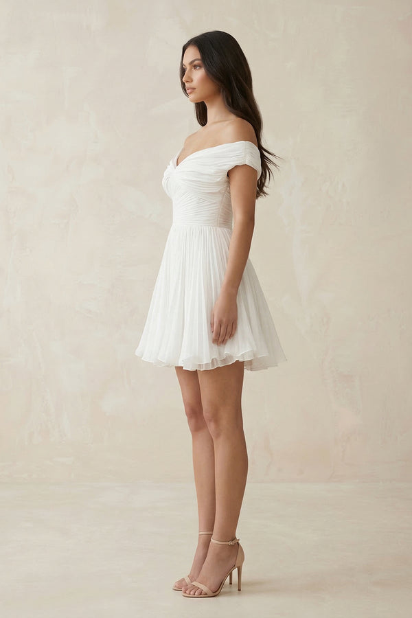 Off - the - Shoulder Chiffon Pleated A - Line Wedding Dress in Ivory - KISS BRIDAL Wedding Dresses