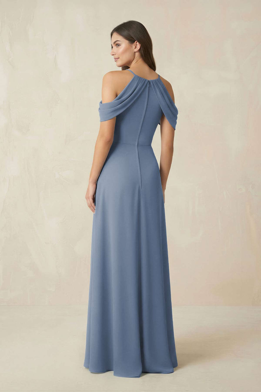 Off-the-Shoulder Chiffon Sheath Bridesmaid Dress With Slit in Neptune