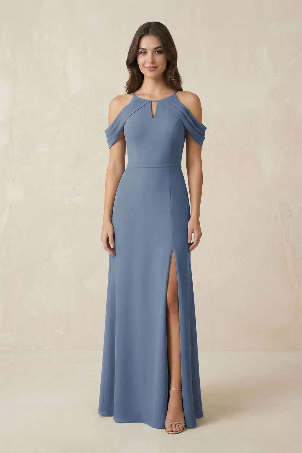 Off-the-Shoulder Chiffon Sheath Bridesmaid Dress With Slit in Neptune