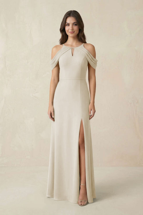 Off - the - Shoulder Chiffon Sheath Bridesmaid Dress With Slit in Dove Gray - KISS BRIDAL Bridesmaid Dresses