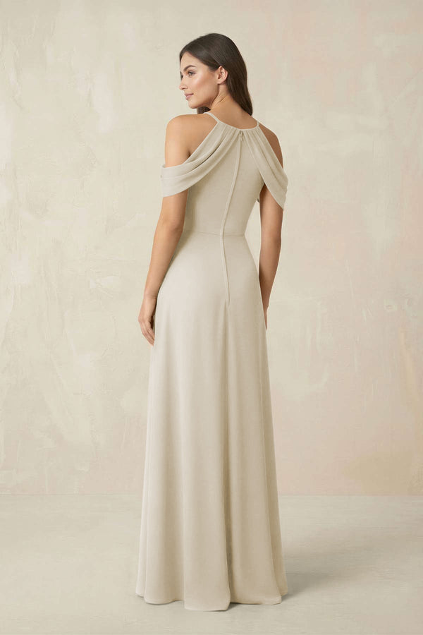 Off - the - Shoulder Chiffon Sheath Bridesmaid Dress With Slit in Dove Gray - KISS BRIDAL Bridesmaid Dresses