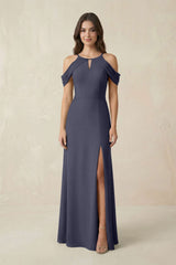 Off - the - Shoulder Chiffon Sheath Bridesmaid Dress With Slit in Dusk Blue - KISS BRIDAL Bridesmaid Dresses