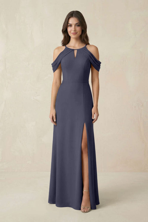 Off - the - Shoulder Chiffon Sheath Bridesmaid Dress With Slit in Dusk Blue - KISS BRIDAL Bridesmaid Dresses