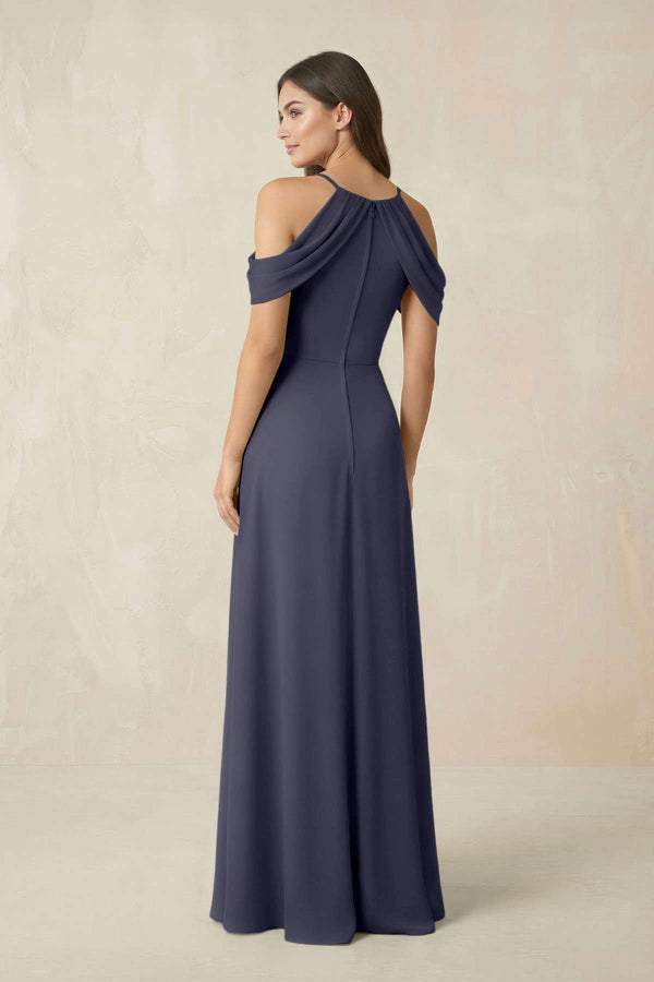 Off - the - Shoulder Chiffon Sheath Bridesmaid Dress With Slit in Dusk Blue - KISS BRIDAL Bridesmaid Dresses