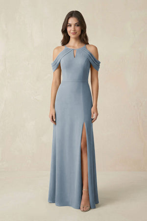 Off - the - Shoulder Chiffon Sheath Bridesmaid Dress With Slit in Dusty Blue - KISS BRIDAL Bridesmaid Dresses