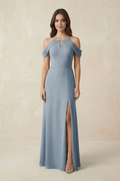 Off - the - Shoulder Chiffon Sheath Bridesmaid Dress With Slit in Dusty Blue - KISS BRIDAL Bridesmaid Dresses