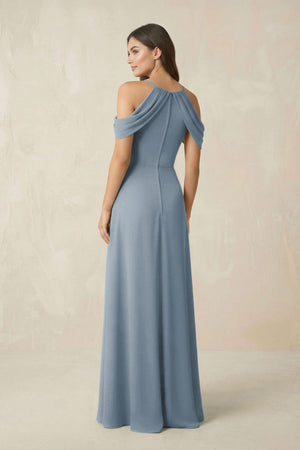Off - the - Shoulder Chiffon Sheath Bridesmaid Dress With Slit in Dusty Blue - KISS BRIDAL Bridesmaid Dresses