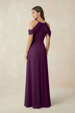 Off-the-Shoulder Chiffon Sheath Bridesmaid Dress With Slit in Fig (2) | KISSBRIDAL