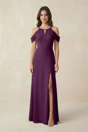 Off-the-Shoulder Chiffon Sheath Bridesmaid Dress With Slit in Fig | KISSBRIDAL