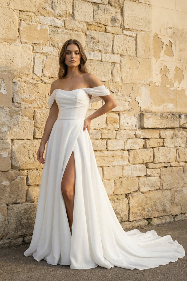 Off The Shoulder Chiffon Wedding Dress With Slit in White - KISS BRIDAL Wedding Dresses