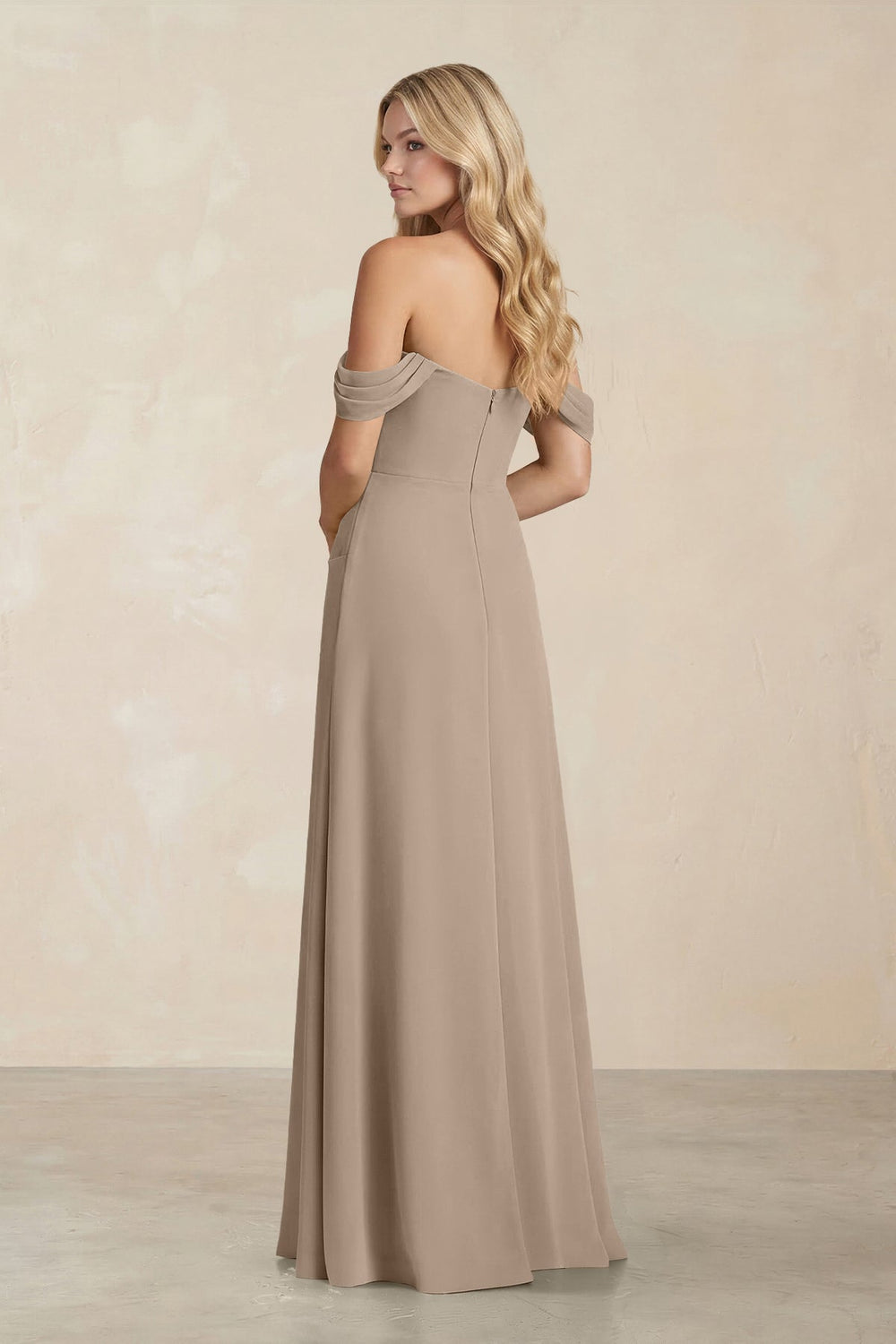 Off-the-Shoulder Corset Sheath Chiffon Bridesmaid Dress in Almond