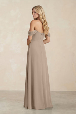Off-the-Shoulder Corset Sheath Chiffon Bridesmaid Dress in Almond (2) | KISSBRIDAL