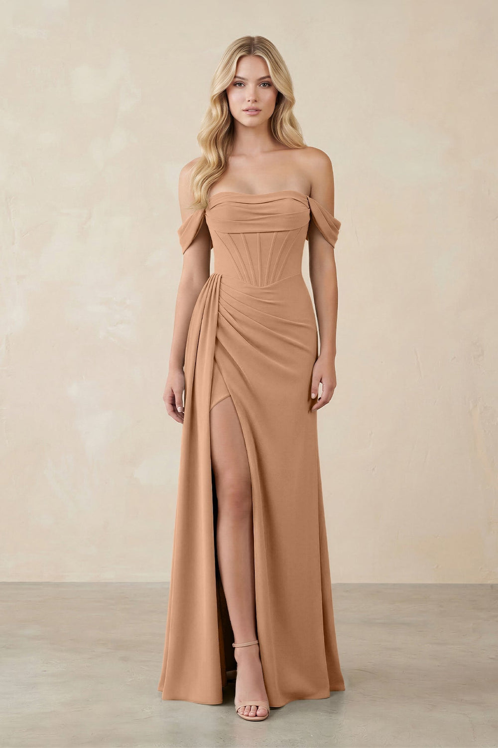 Off-the-Shoulder Corset Sheath Chiffon Bridesmaid Dress in Bronzer