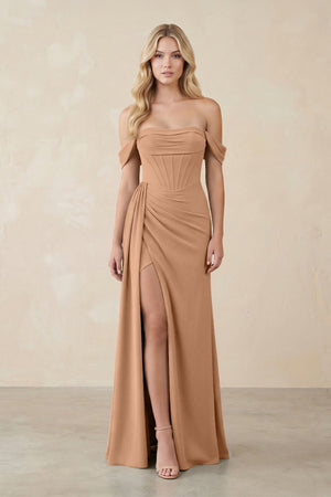 Off - the - Shoulder Corset Sheath Chiffon Bridesmaid Dress in Bronzer - KISS BRIDAL Bridesmaid Dresses