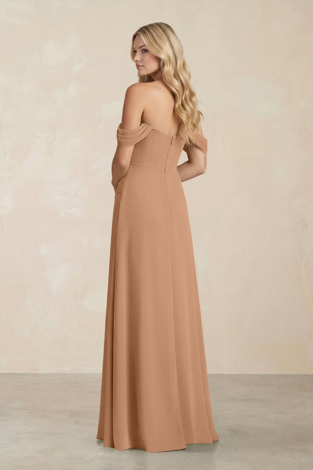 Off-the-Shoulder Corset Sheath Chiffon Bridesmaid Dress in Bronzer