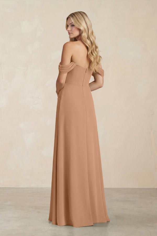 Off - the - Shoulder Corset Sheath Chiffon Bridesmaid Dress in Bronzer - KISS BRIDAL Bridesmaid Dresses