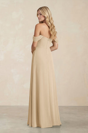 Off-the-Shoulder Corset Sheath Chiffon Bridesmaid Dress in Champagne (2) | KISSBRIDAL