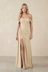 Off-the-Shoulder Corset Sheath Chiffon Bridesmaid Dress in Champagne | KISSBRIDAL