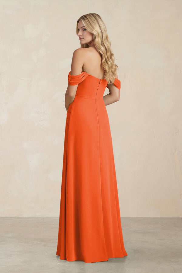 Off-the-Shoulder Corset Sheath Chiffon Bridesmaid Dress in Cinnamon (2) | KISSBRIDAL