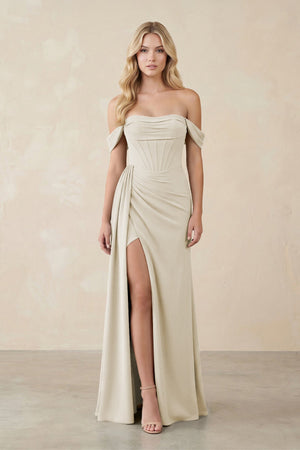 Off - the - Shoulder Corset Sheath Chiffon Bridesmaid Dress in Dove Gray - KISS BRIDAL Bridesmaid Dresses