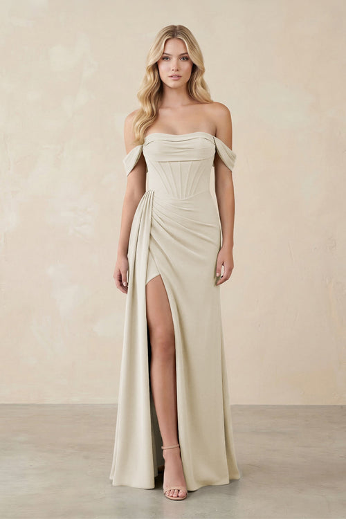 Off - the - Shoulder Corset Sheath Chiffon Bridesmaid Dress in Dove Gray - KISS BRIDAL Bridesmaid Dresses