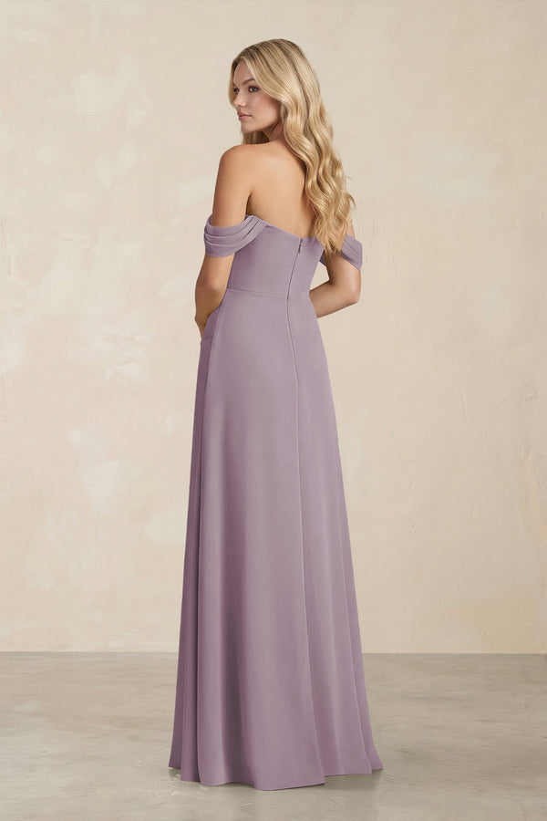 Off-the-Shoulder Corset Sheath Chiffon Bridesmaid Dress in Dusk (2) | KISSBRIDAL