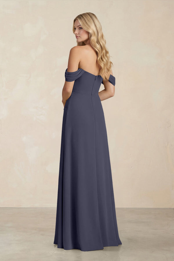 Off - the - Shoulder Corset Sheath Chiffon Bridesmaid Dress in Dusk Blue - KISS BRIDAL Bridesmaid Dresses