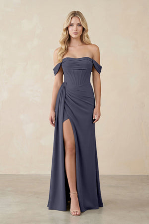 Off - the - Shoulder Corset Sheath Chiffon Bridesmaid Dress in Dusk Blue - KISS BRIDAL Bridesmaid Dresses
