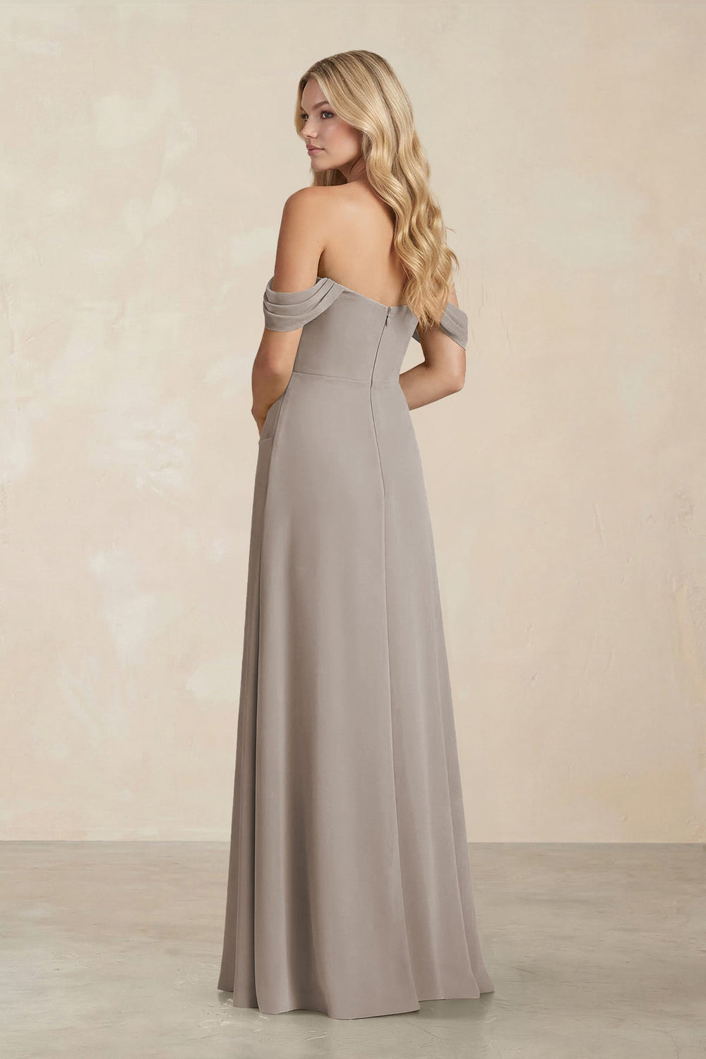 Off-the-Shoulder Corset Sheath Chiffon Bridesmaid Dress in Frost