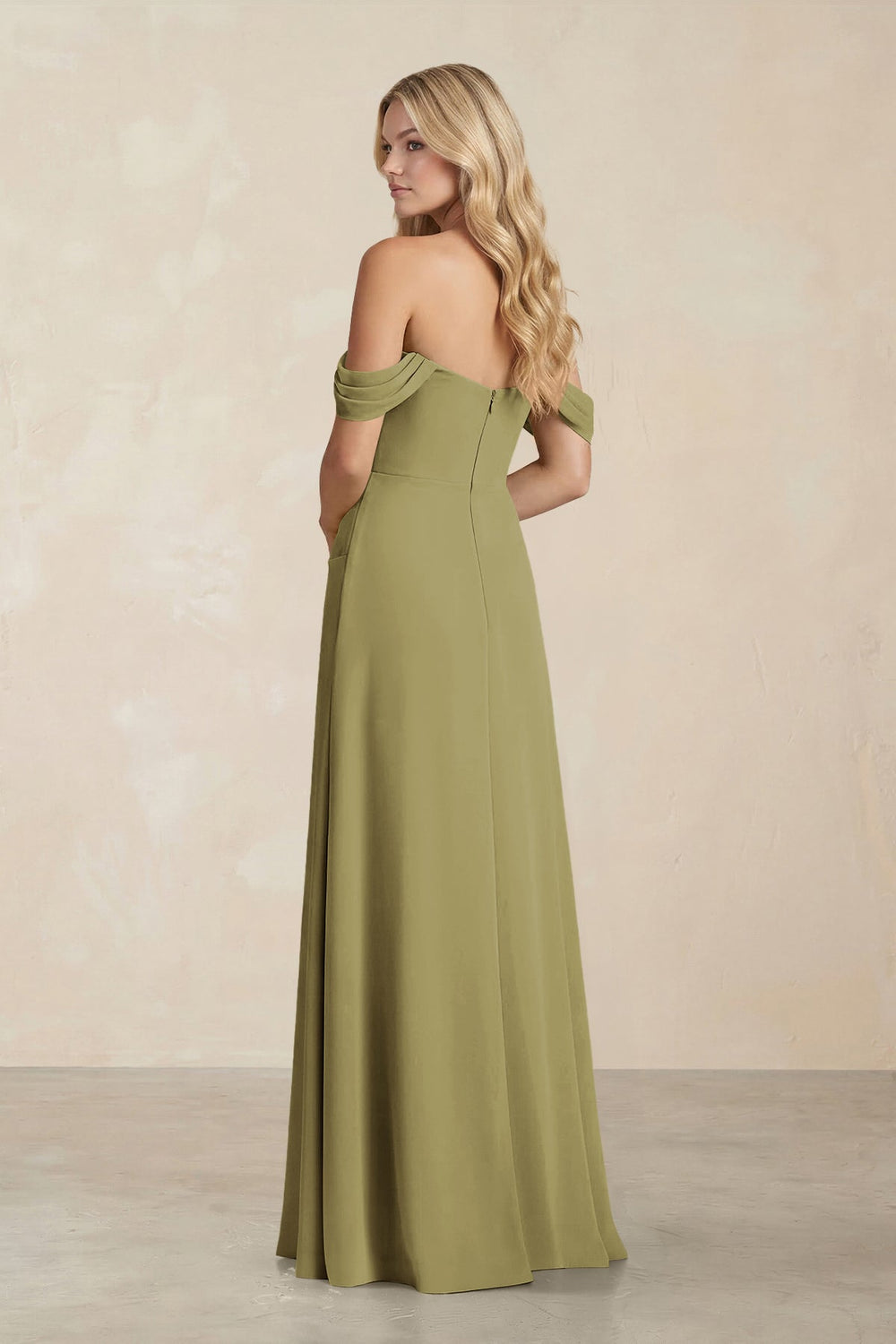 Off-the-Shoulder Corset Sheath Chiffon Bridesmaid Dress in Moss Green