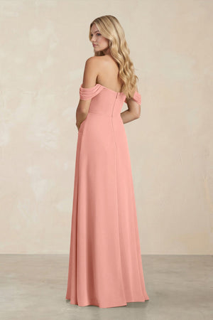 Off-the-Shoulder Corset Sheath Chiffon Bridesmaid Dress in Rosette (2) | KISSBRIDAL