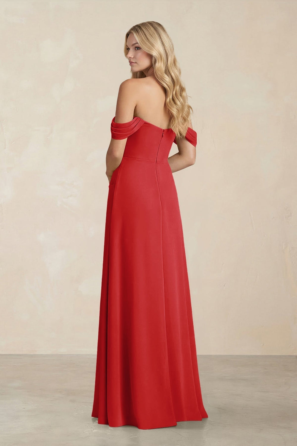 Off-the-Shoulder Corset Sheath Chiffon Bridesmaid Dress in Ruby Red