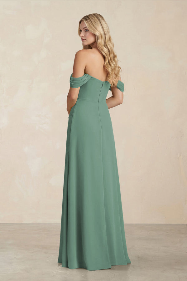 Off-the-Shoulder Corset Sheath Chiffon Bridesmaid Dress in Sea Glass (2) | KISSBRIDAL