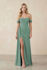 Off-the-Shoulder Corset Sheath Chiffon Bridesmaid Dress in Sea Glass | KISSBRIDAL