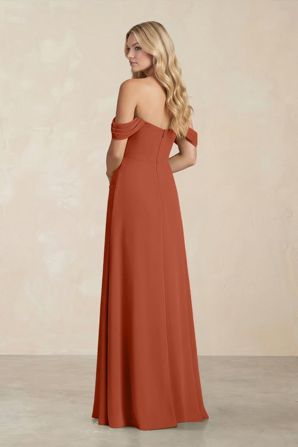 Off-the-Shoulder Corset Sheath Chiffon Bridesmaid Dress in Spice