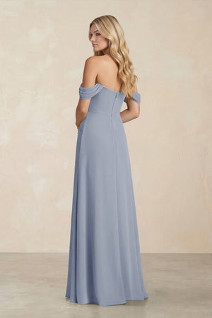 Off - the - Shoulder Corset Sheath Chiffon Bridesmaid Dress in Twilight - KISS BRIDAL Bridesmaid Dresses