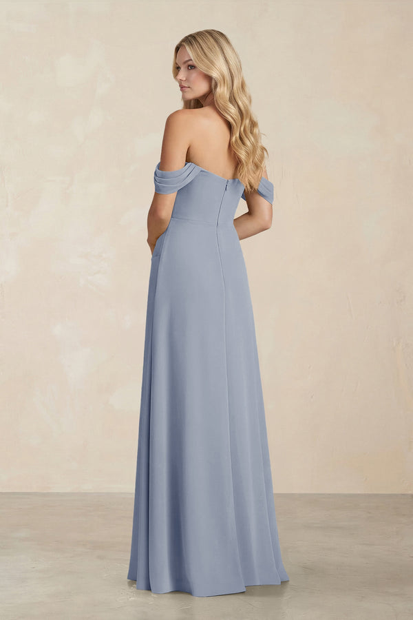 Off - the - Shoulder Corset Sheath Chiffon Bridesmaid Dress in Twilight - KISS BRIDAL Bridesmaid Dresses