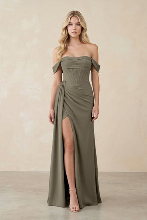 Off - the - Shoulder Corset Sheath Chiffon Bridesmaid Dress in Willow Green - KISS BRIDAL Bridesmaid Dresses