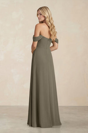 Off - the - Shoulder Corset Sheath Chiffon Bridesmaid Dress in Willow Green - KISS BRIDAL Bridesmaid Dresses