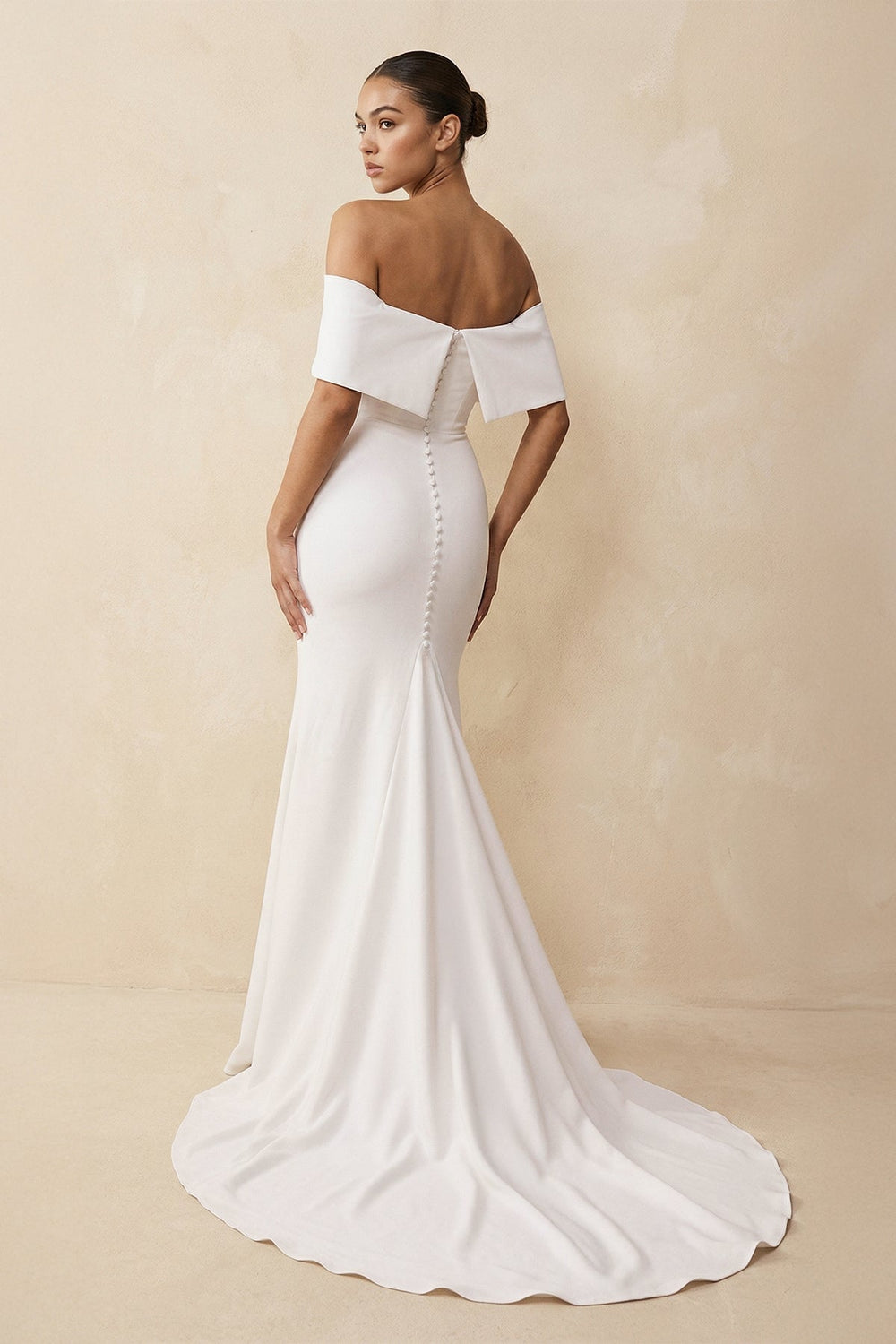 Off-the-Shoulder Crepe Mermaid Wedding Dress in White