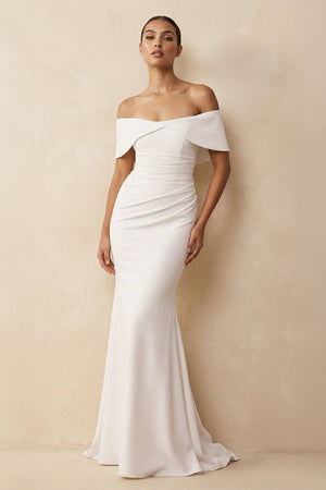 Off - the - Shoulder Crepe Mermaid Wedding Dress in White - KISS BRIDAL Wedding Dresses